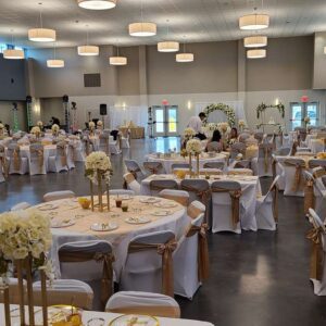 Warren County Fairgrounds large open event area with wedding decor and tables